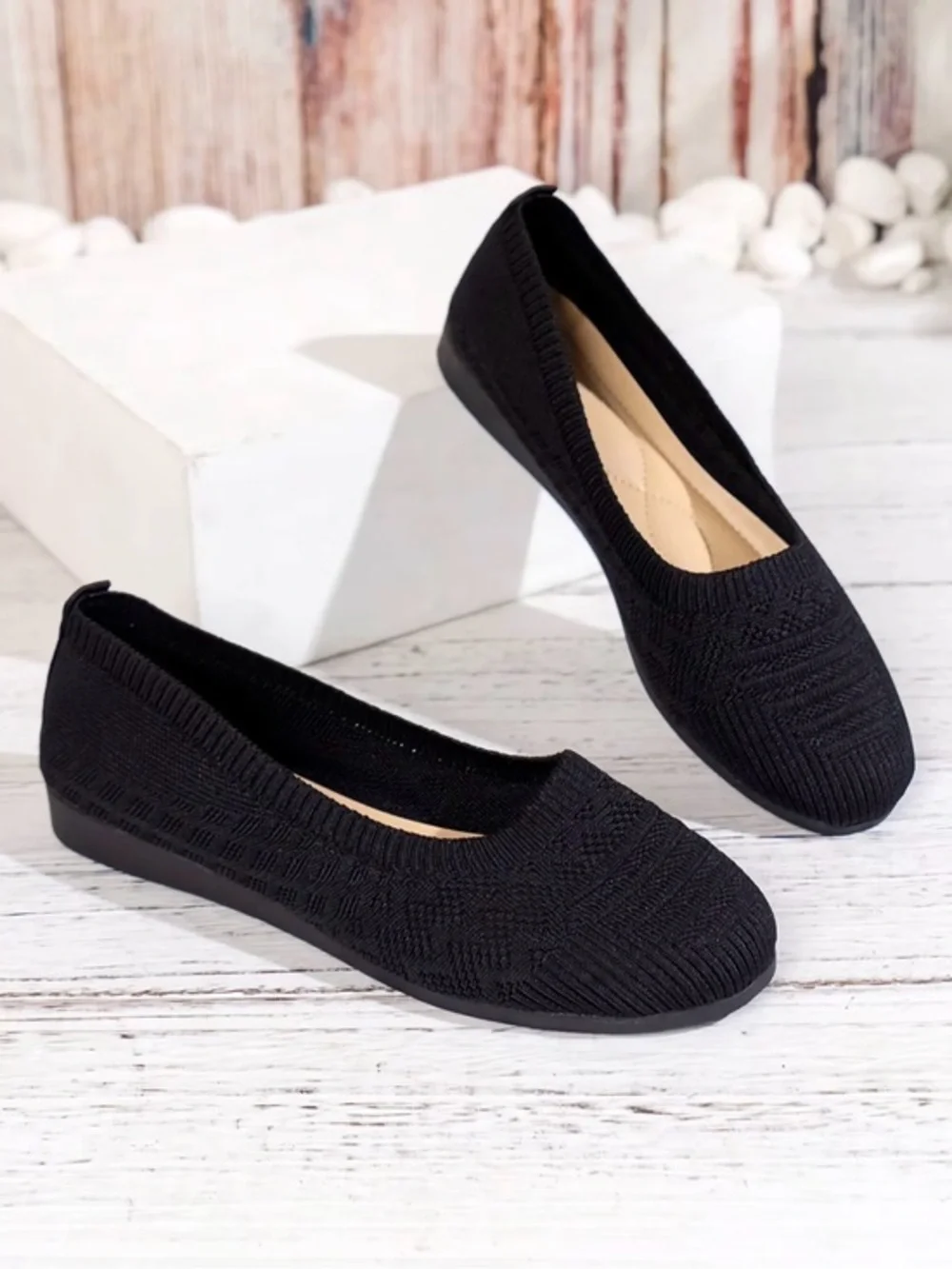 Brand new round toe black knit shoes, PU leather sole, size 8